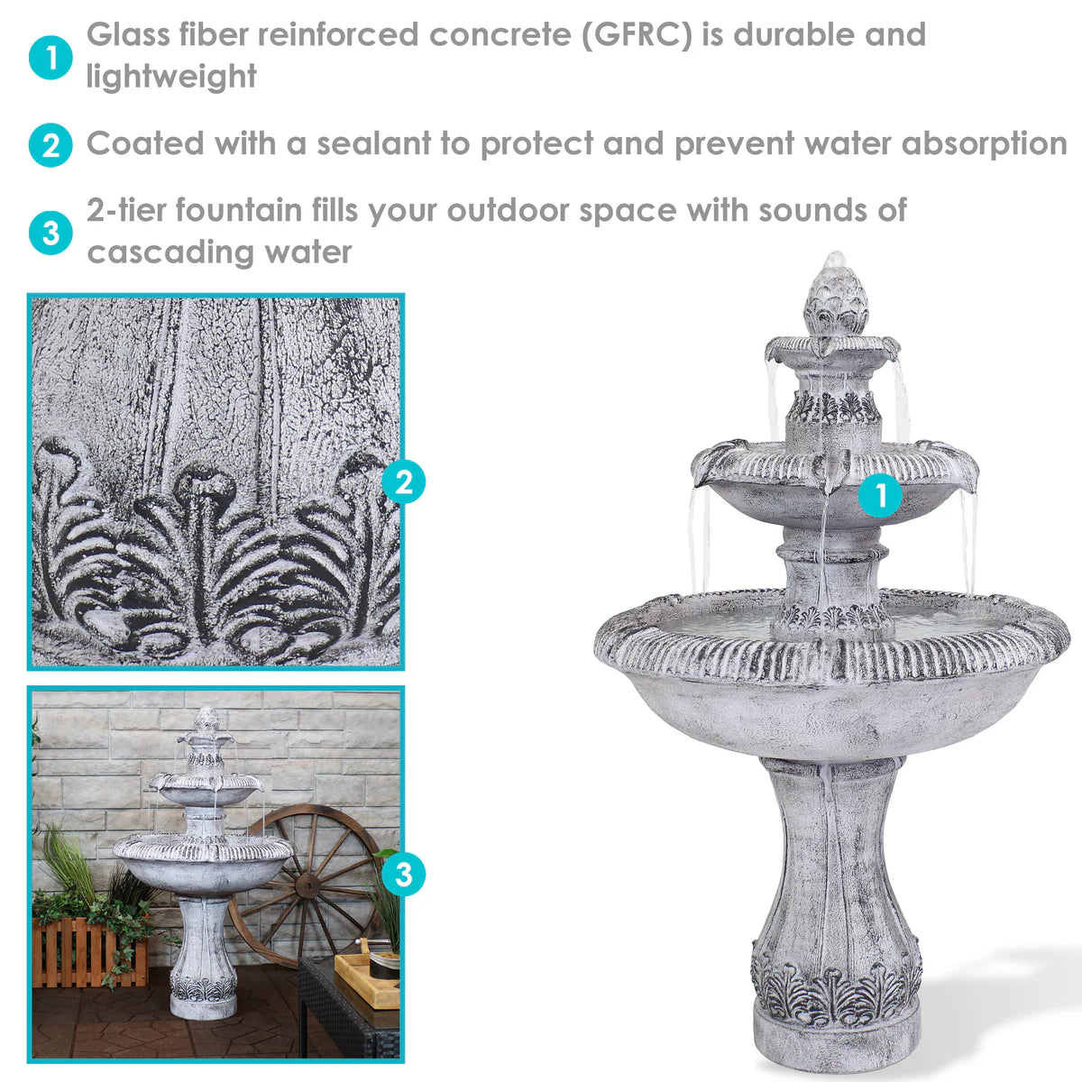 Sunnydaze 3-Tier Outdoor Water Fountain - Mediterranean Reinforced Concrete - 45" - Gray