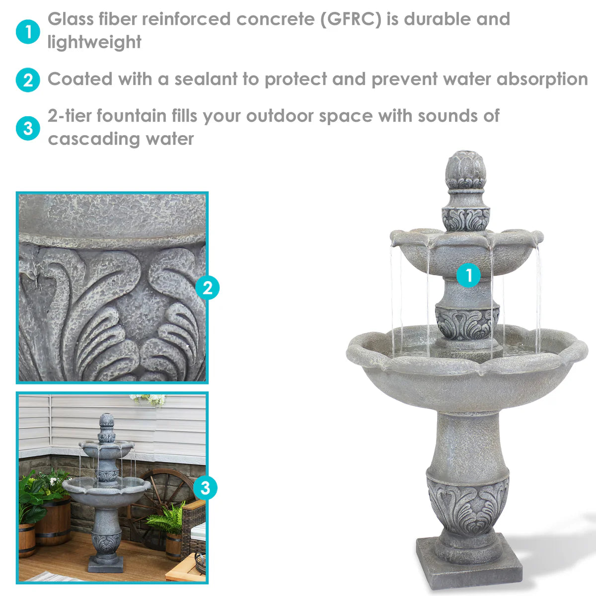 Sunnydaze 2-Tier Outdoor Water Fountain - French Garden Design - 50" - Dusty Gray
