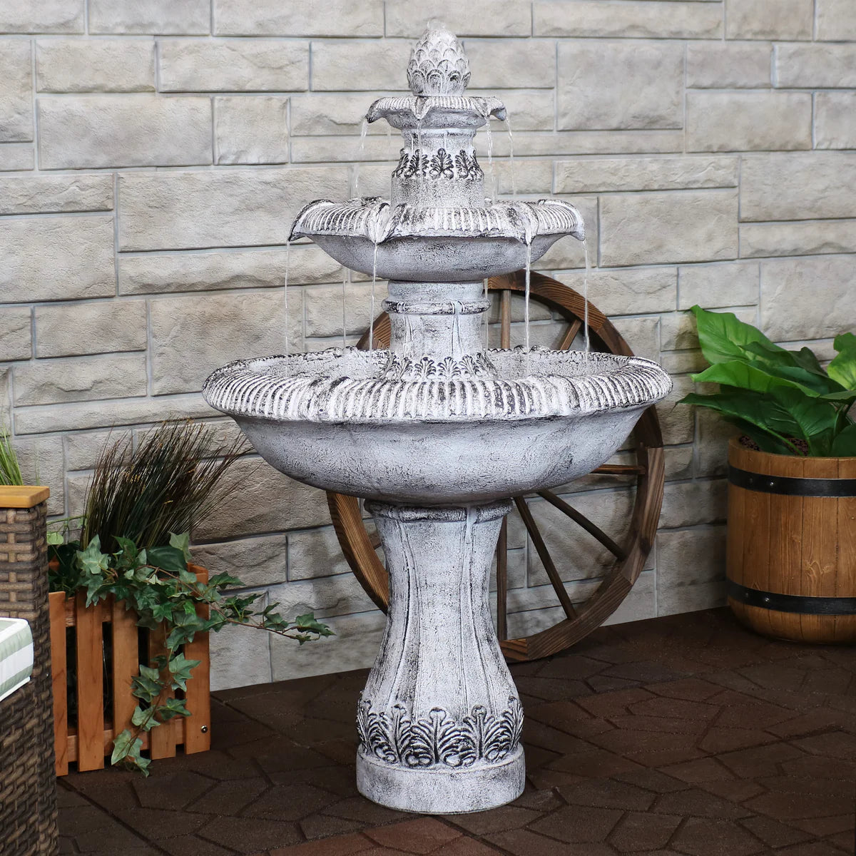 Sunnydaze 3-Tier Outdoor Water Fountain - Mediterranean Reinforced Concrete - 45" - Gray