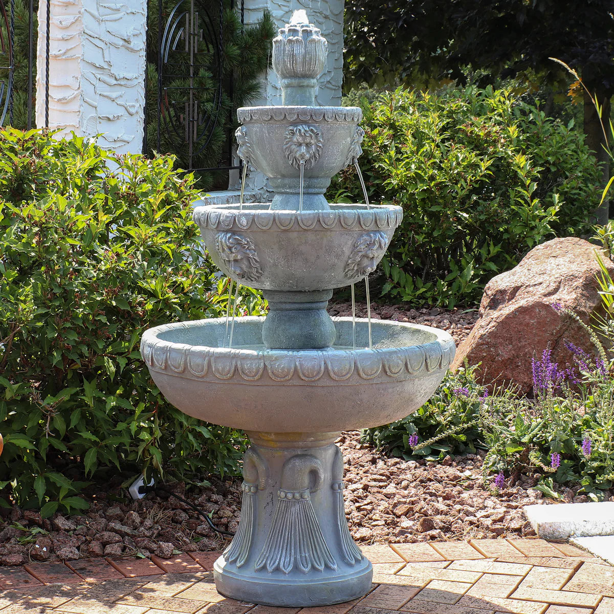 Sunnydaze Lion Head 3-Tier Outdoor Water Fountain with Electric Pump