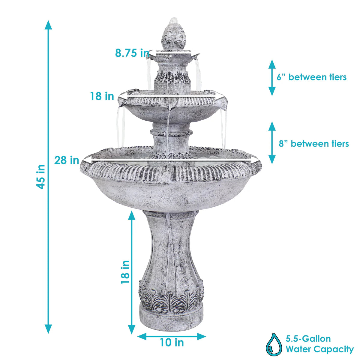 Sunnydaze 3-Tier Outdoor Water Fountain - Mediterranean Reinforced Concrete - 45" - Gray