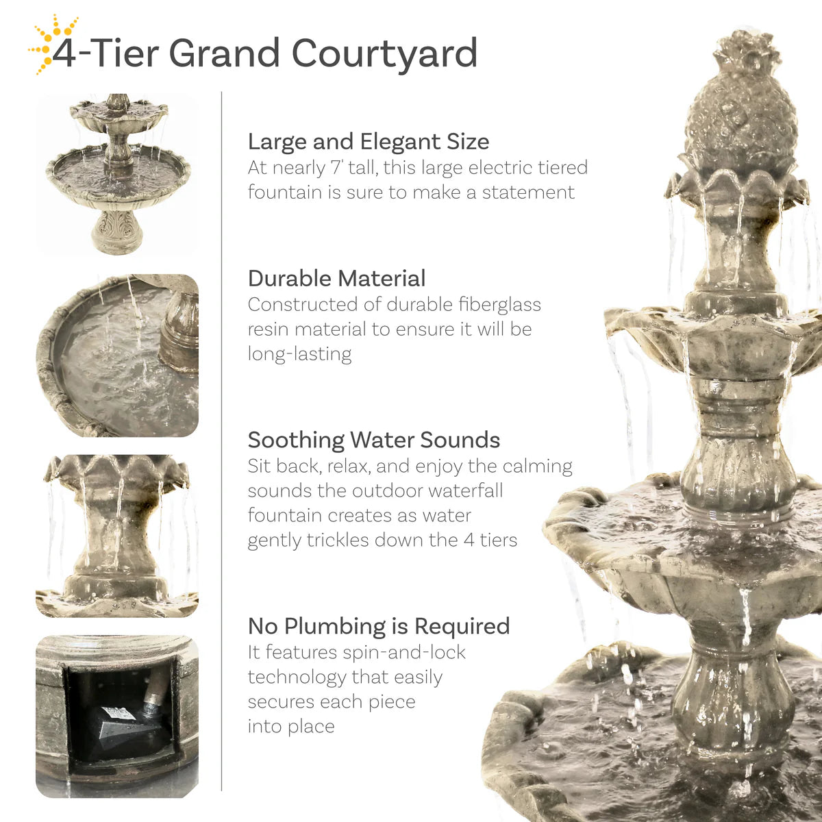 Sunnydaze 4-Tier Grand Courtyard Outdoor Water Fountain - 80"