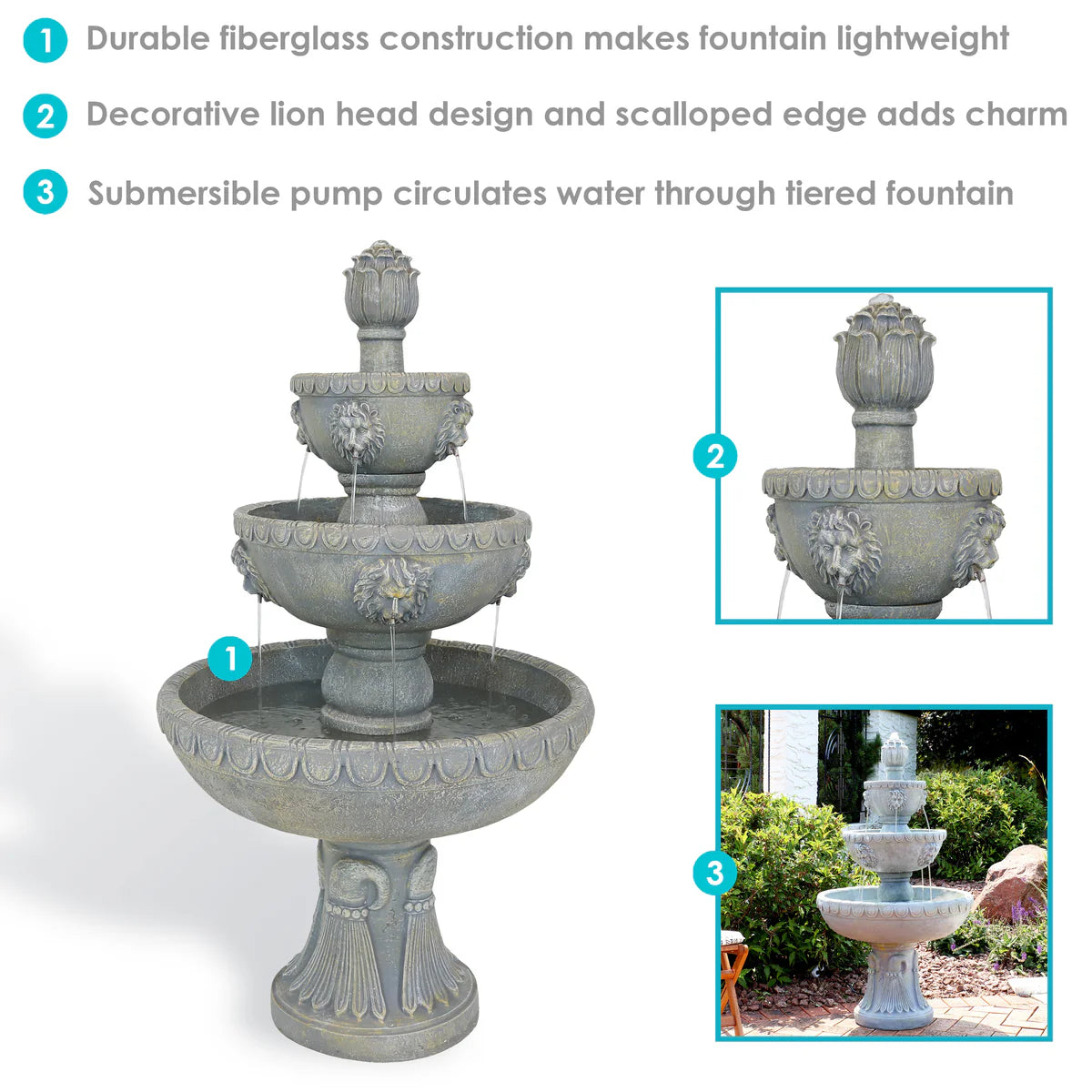Sunnydaze Lion Head 3-Tier Outdoor Water Fountain with Electric Pump