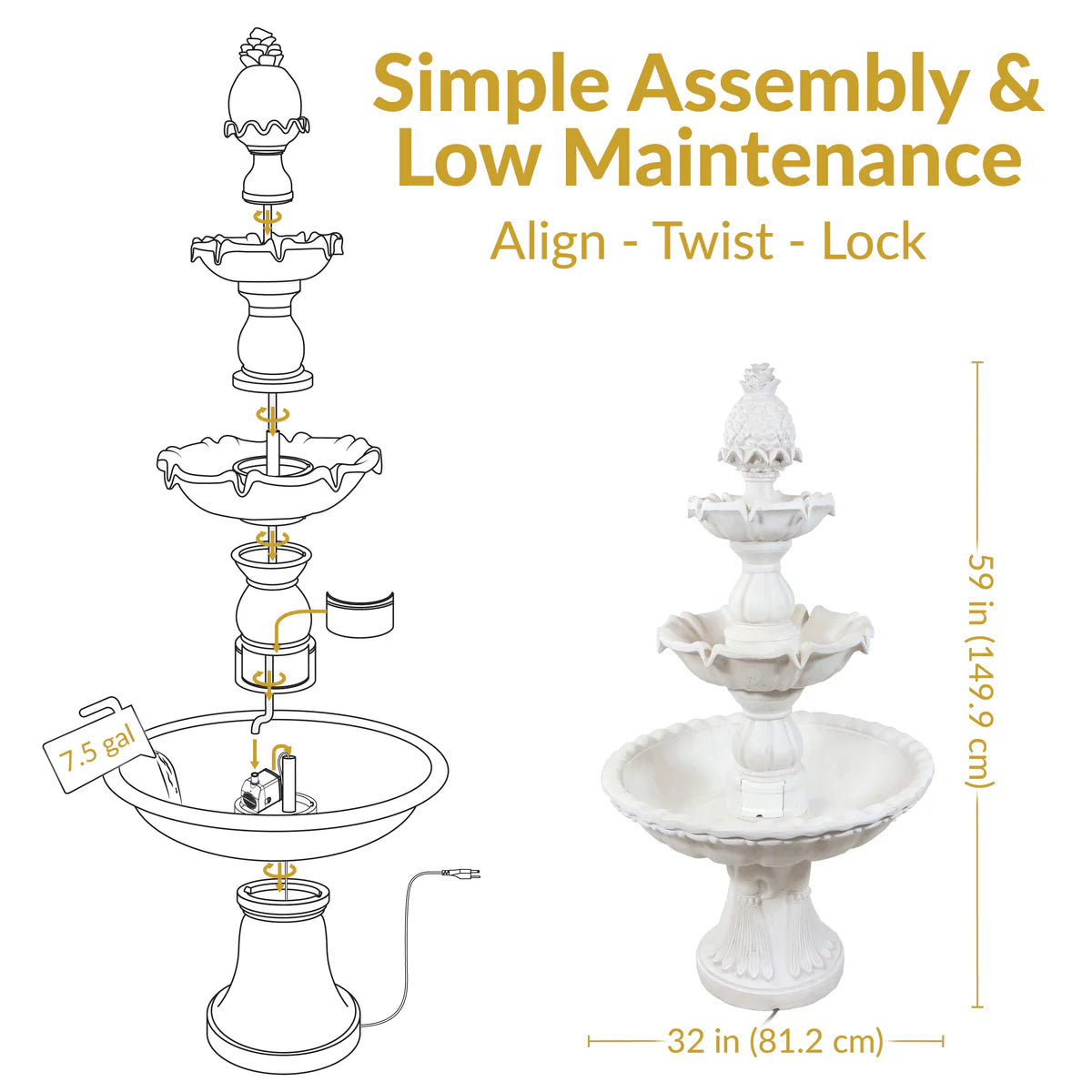 Sunnydaze Welcome 3-Tier Outdoor Water Fountain for Garden - 57" - White