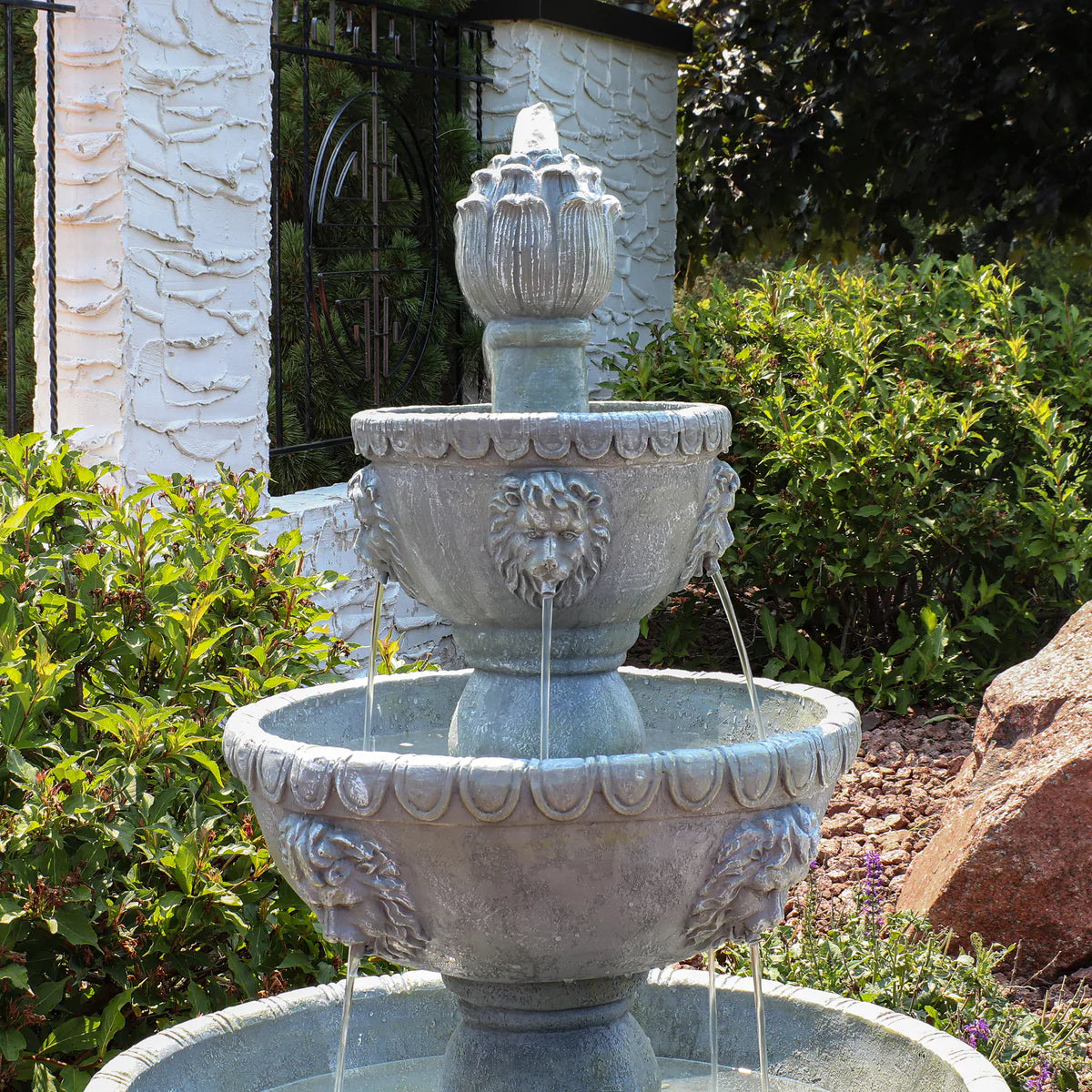 Sunnydaze Lion Head 3-Tier Outdoor Water Fountain with Electric Pump