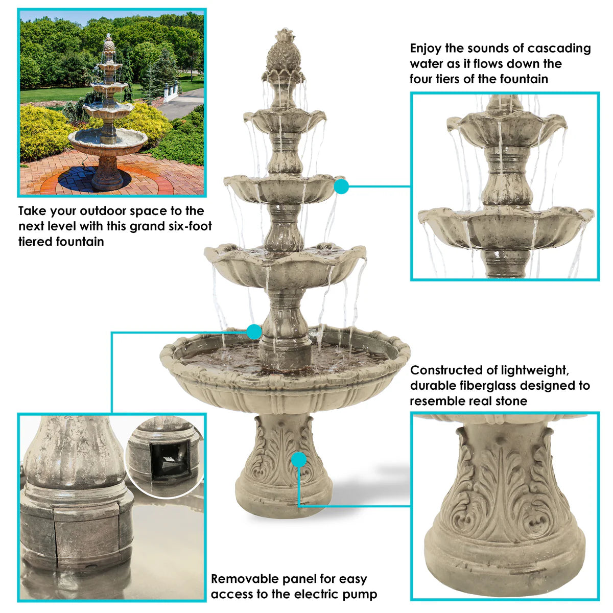 Sunnydaze 4-Tier Grand Courtyard Outdoor Water Fountain - 80"
