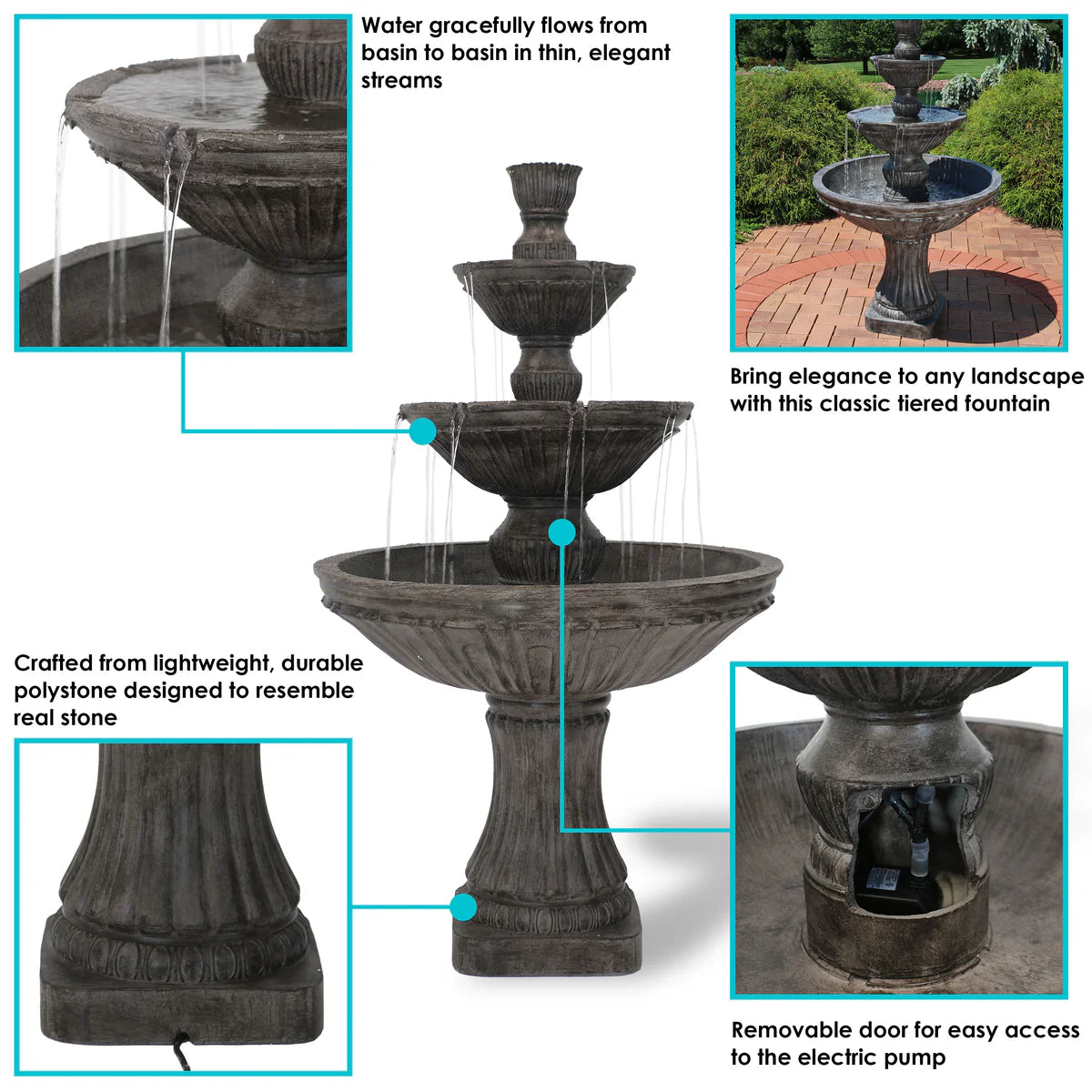 Sunnydaze Classic Designer 3-Tier Outdoor Water Fountain - 55" H - Dark Brown