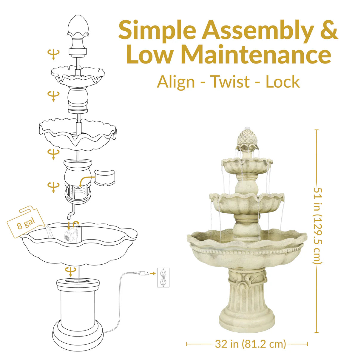 Sunnydaze 3-Tier Pineapple Garden Fountain - White - 51" H