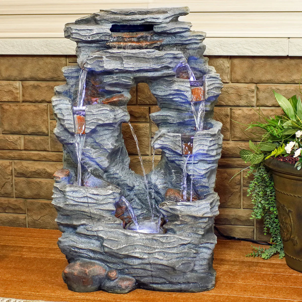 Sunnydaze Dual Cascading Rock Falls Water Fountain with LED Lights and Electric Submersible Pump - 39"