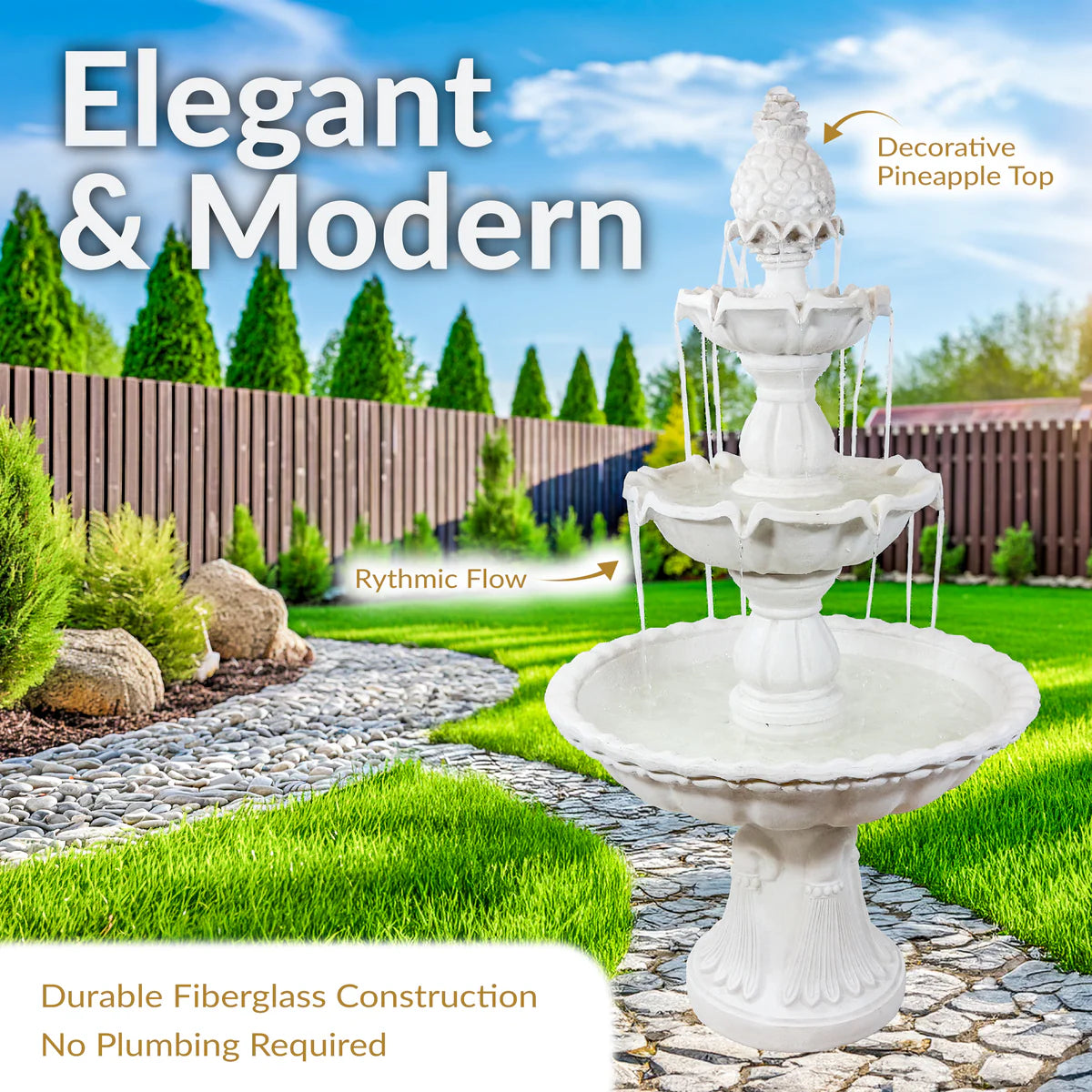 Sunnydaze Welcome 3-Tier Outdoor Water Fountain for Garden - 57" - White