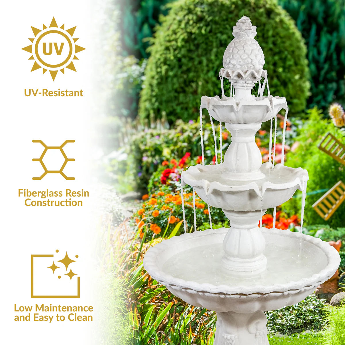 Sunnydaze Welcome 3-Tier Outdoor Water Fountain for Garden - 57" - White